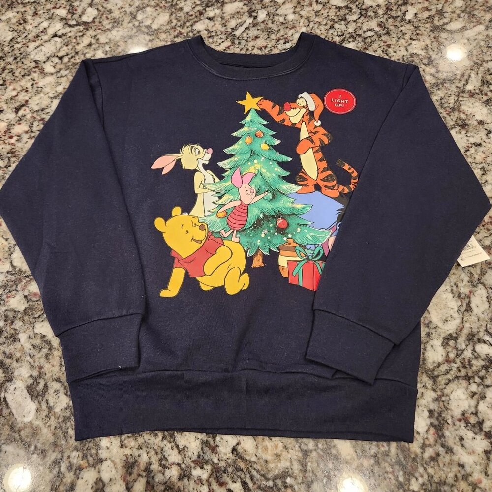 Women's Winnie the Pooh Navy Light Up Graphic Christmas Sweatshirt Sz XS NWT